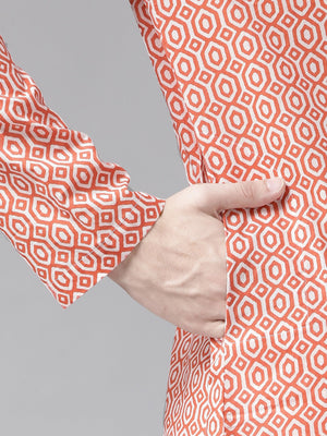 Buy Men's Peach Cotton Geometric Printed Straight Kurta Online - Side