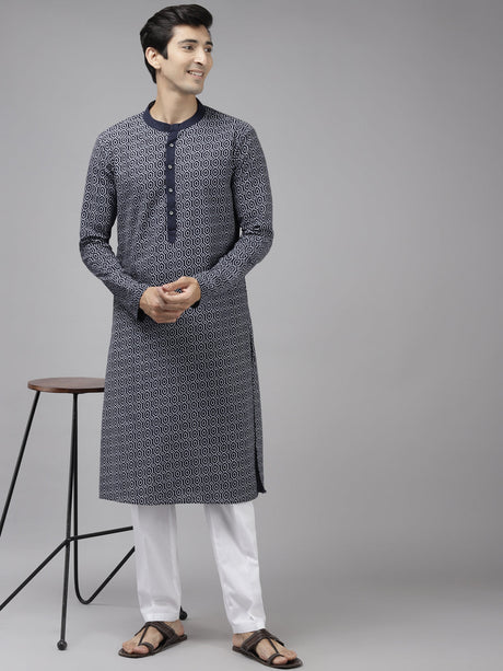 Buy Men's Blue Cotton Geometric Printed Straight Kurta Online