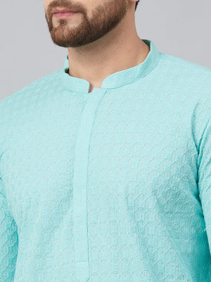 Buy Men's Lime Green Cotton Chikankari Embroidered Straight Kurta Online - Zoom In