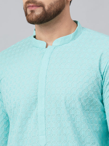 Buy Men's Lime Green Cotton Chikankari Embroidered Straight Kurta Online - Zoom In
