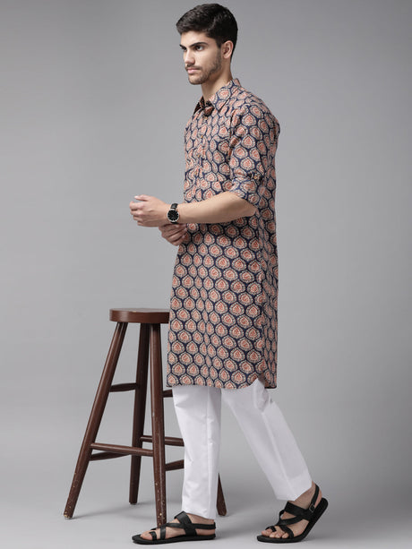 Buy Men's Blue Pure Cotton Motif Printed Pathani Set Online