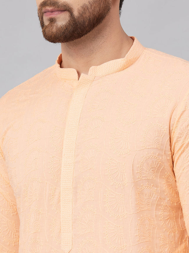 Buy Men's Peach Cotton Chikankari Embroidered Straight Kurta Online