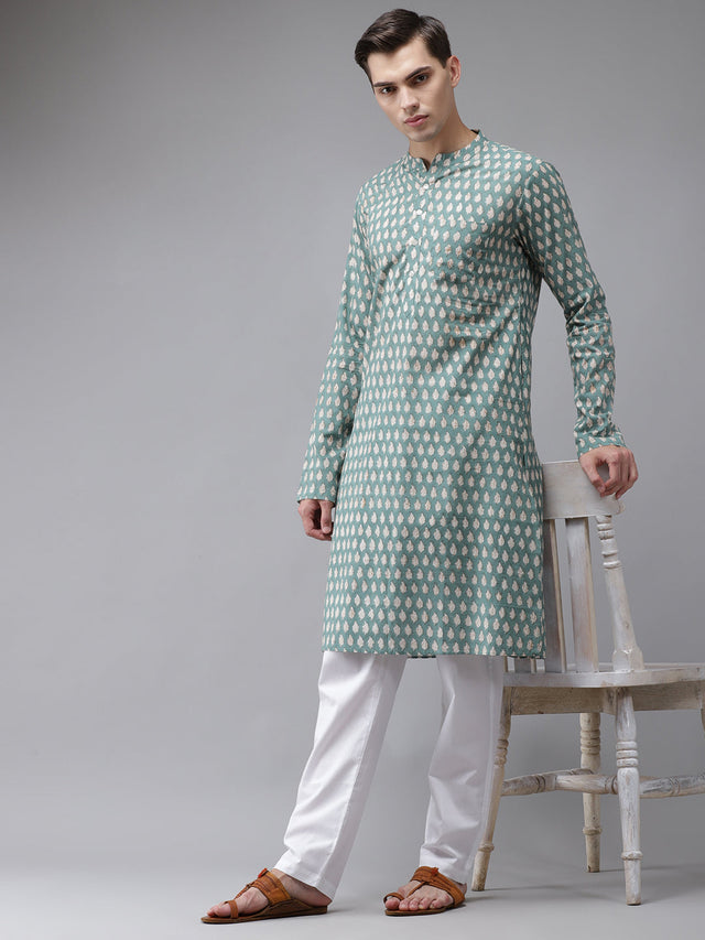 Buy Men's Green Cotton Hand Block Print Straight Kurta Online