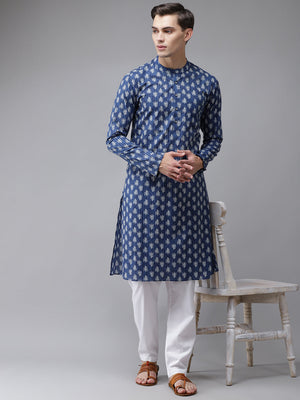 Buy Men's Blue Cotton Printed Kurta Pajama Set Online