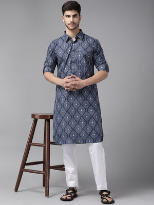 Buy Men's Indigo Pure Cotton Printed Pathani Set Online