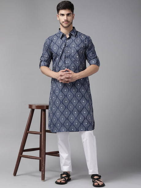 Buy Men's Indigo Pure Cotton Printed Pathani Set Online