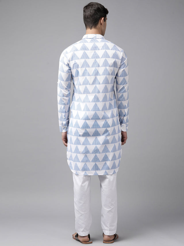 Buy Men's White Pure Cotton Chevron Printed Pathani Set Online - Side