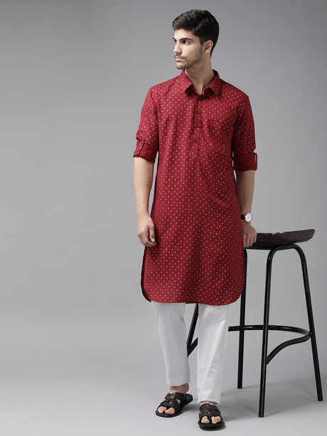 Buy Men's Maroon Pure Cotton Printed Pathani Set Online