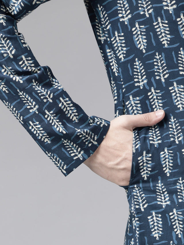 Buy Men's Blue Cotton Printed Kurta Pajama Set Online - Zoom In