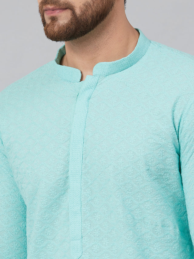 Buy Men's Turquoise Blue Cotton Chikankari Embroidered Kurta Pajama Set Online - Zoom Out