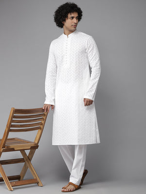 Buy Men's White Pure Cotton Chikankari Embroidered Kurta Pajama Set Online - Back