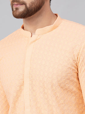 Buy Men's Peach Cotton Chikankari Embroidered Straight Kurta Online - Zoom In