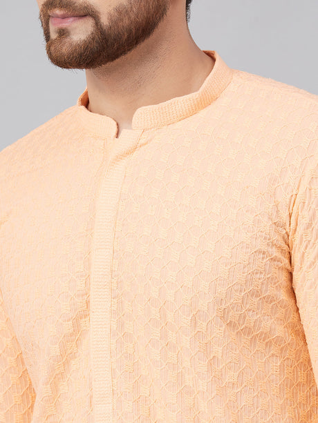 Buy Men's Peach Cotton Chikankari Embroidered Straight Kurta Online - Zoom In
