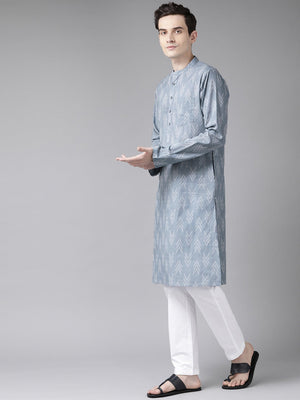Buy Men's Grey Cotton Printed Kurta Pajama Set Online - Front