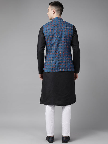 Buy Men's Black Pure Cotton Printed Kurta Pajama Jacket Set Online - Side