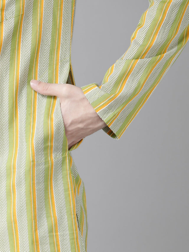 Buy Men's Yellow Cotton Stripe Printed Kurta Pajama Set Online - Zoom In