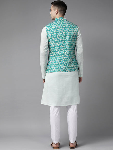 Buy Men's Pista Pure Cotton Printed Kurta Pajama Jacket Set Online - Side
