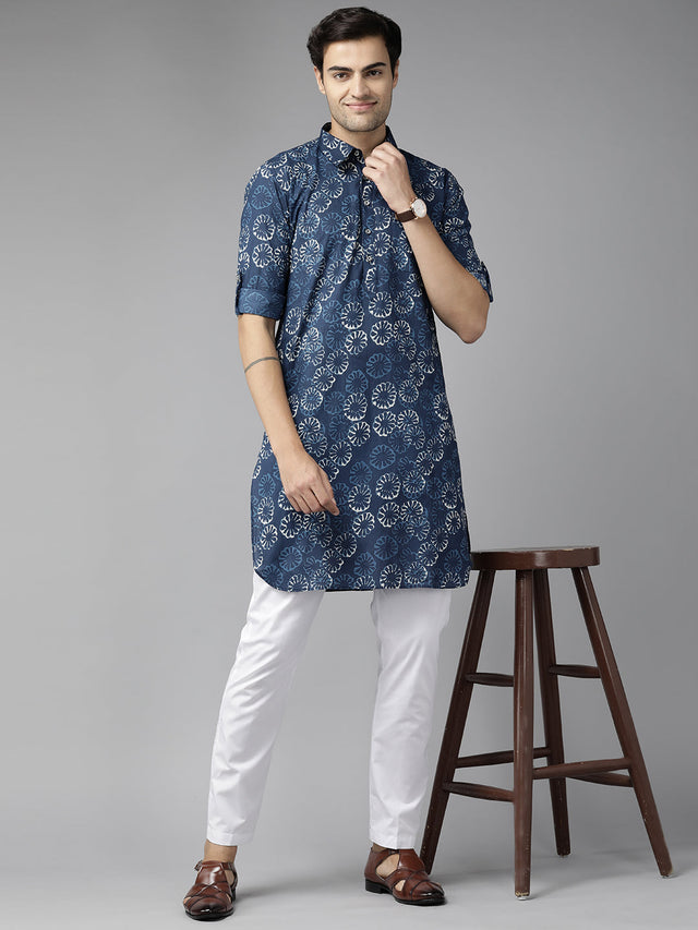 Buy Men's Indigo Pure Cotton Printed Pathani Set Online