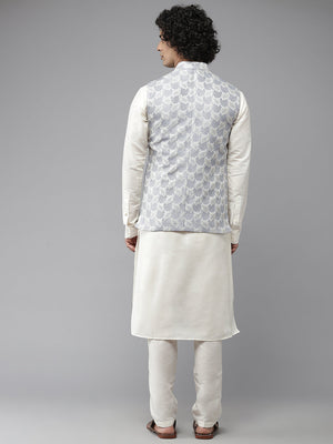 Buy Men's Off-White Silk Jacquard Woven Design Kurta Pajama Jacket Set Online - Zoom In