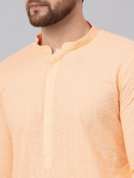 Buy Men's Peach Cotton Chikankari Embroidered Straight Kurta Online - Zoom In