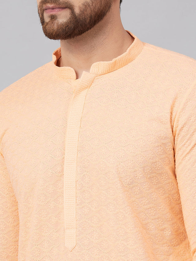 Buy Men's Peach Cotton Chikankari Embroidered Straight Kurta Online - Zoom In