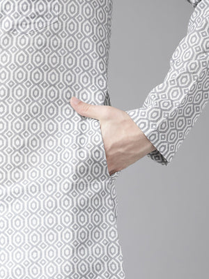 Buy Men's Grey Cotton Printed Straight Kurta Online - Side