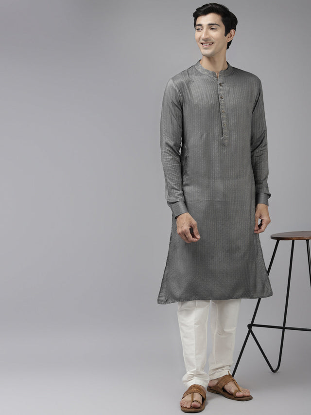 Buy Men's Grey Cotton Woven Thread Work Straight Kurta Online