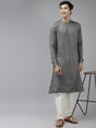 Buy Men's Grey Cotton Woven Thread Work Straight Kurta Online