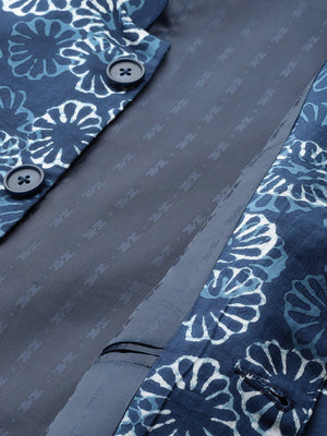 Buy Men's Blue Pure Cotton Printed Nehru Jacket Online - Zoom In