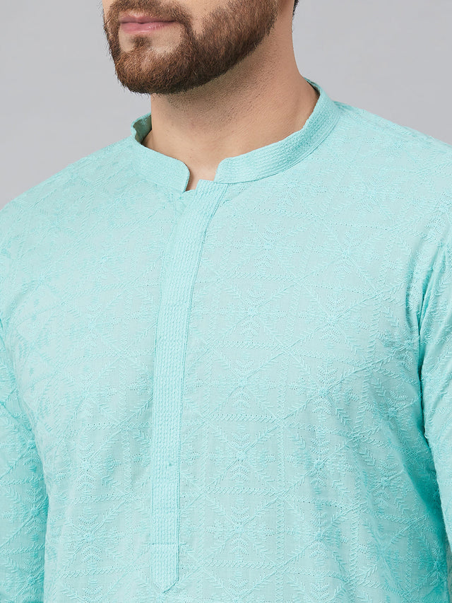 Buy Men's Turquoise Blue Cotton Chikankari Embroidered Kurta Pajama Set Online - Zoom Out