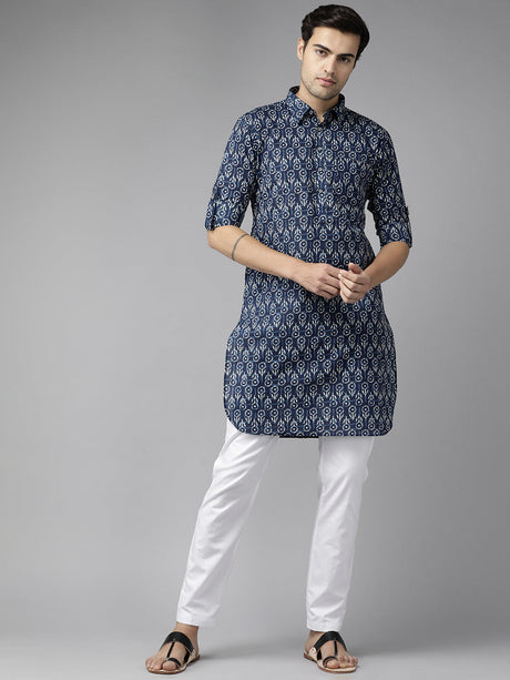 Buy Men's Indigo Pure Cotton Floral Printed Pathani Set Online - Back