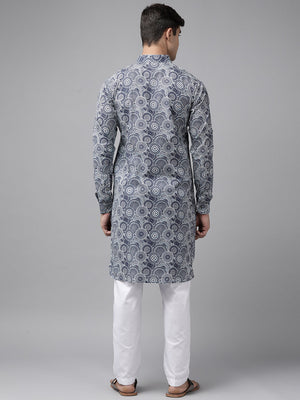 Buy Men's Blue Pure Cotton Abstract Printed Pathani Set Online - Side