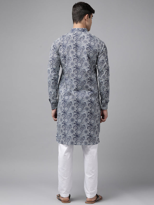 Buy Men's Blue Pure Cotton Abstract Printed Pathani Set Online - Side