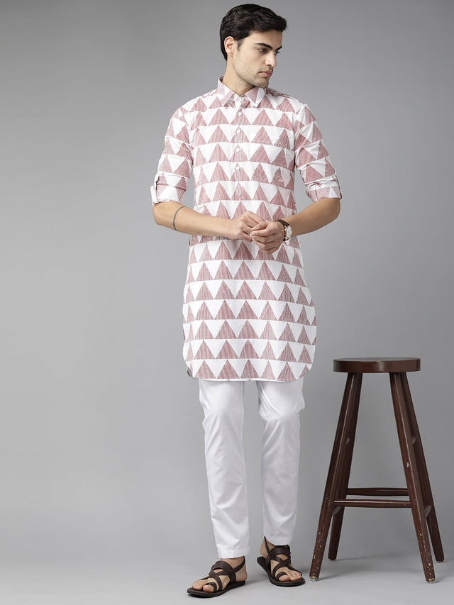 Buy Men's White Pure Cotton Chevron Printed Pathani Set Online