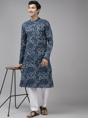 Buy Men's Blue Cotton Printed Kurta Pajama Set Online