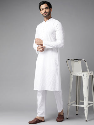 Buy Men's White Cotton Chikankari Embroidered Straight Kurta Online - Side