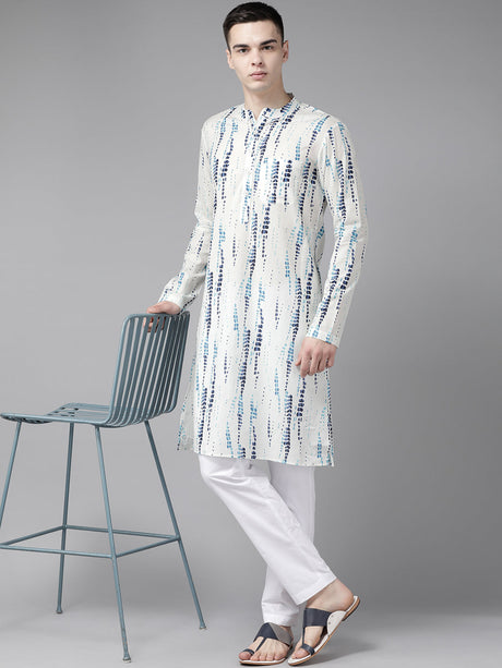Buy Men's White Cotton Tie And Dye Print Straight Kurta Online - Back