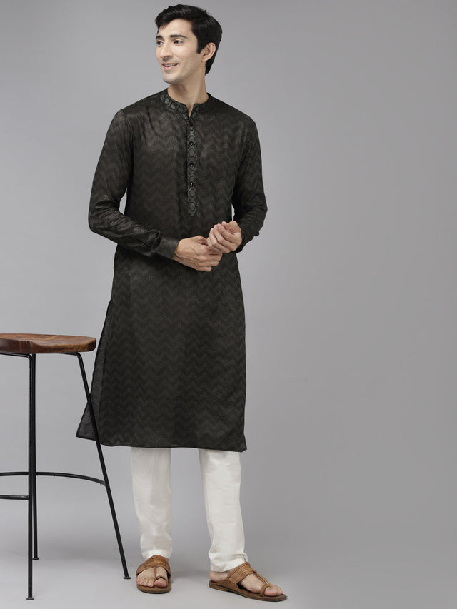 Buy Men's Oliveâ  Cotton Woven Thread Work Straight Kurta Online