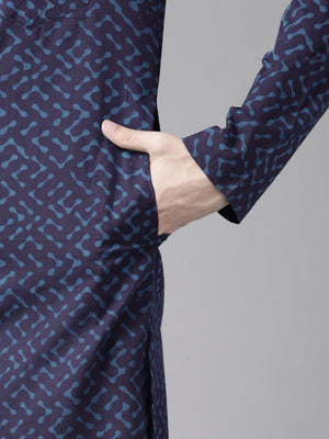Buy Men's Blue Cotton Printed Kurta Pajama Set Online - Zoom In