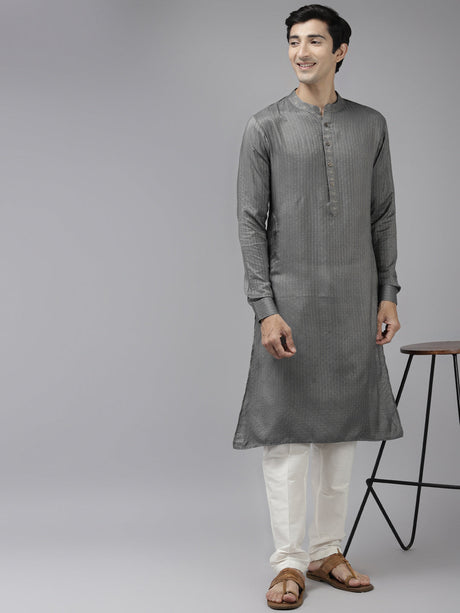 Buy Men's Grey Art Silk Woven Thread Work Kurta Pajama Set Online