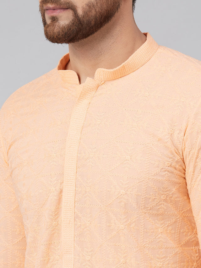 Buy Men's Peach Cotton Chikankari Embroidered Kurta Pajama Set Online - Zoom Out