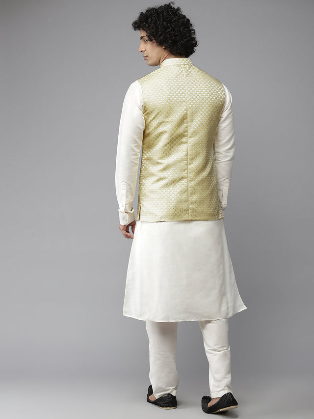 Buy Men's Off-White Silk Jacquard Woven Design Kurta Pajama Jacket Set Online - Zoom In