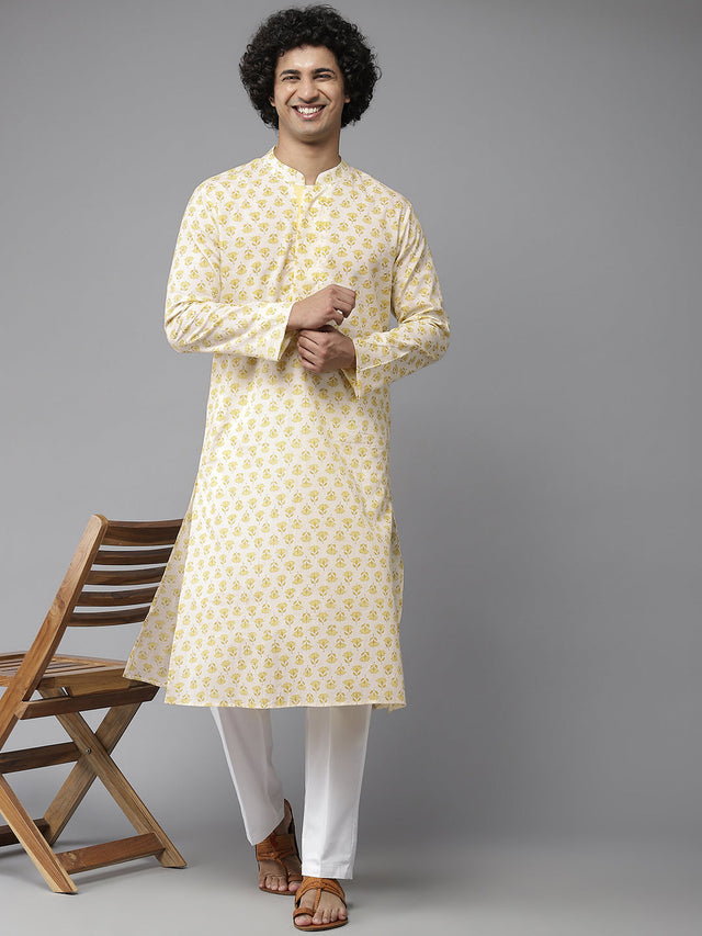 Buy Men's Yellow Cotton Floral Printed Straight Kurta Online - Side