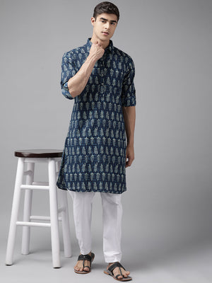 Buy Men's Indigo Pure Cotton Printed Pathani Set Online