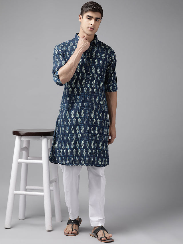 Buy Men's Indigo Pure Cotton Printed Pathani Set Online