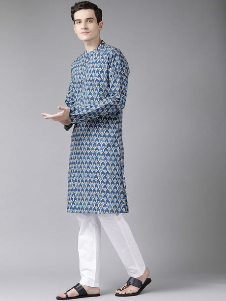 Buy Men's Blue Cotton Printed Kurta Pajama Set Online - Front