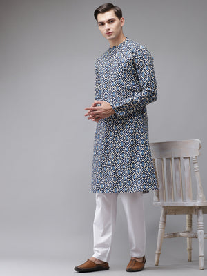 Buy Men's Blue Cotton Printed Straight Kurta Online