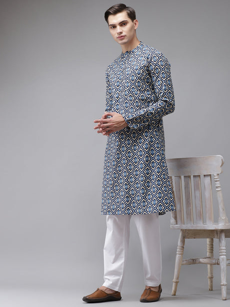 Buy Men's Blue Cotton Printed Straight Kurta Online