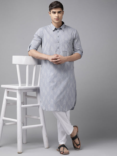 Buy Men's Light Grey Pure Cotton Chevron Printed Pathani Set Online