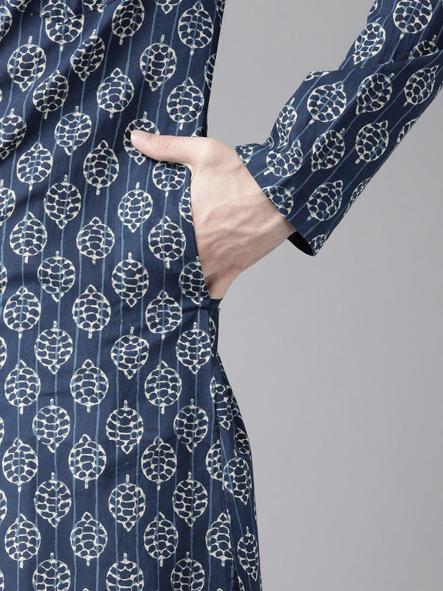 Buy Men's Blue Cotton Printed Straight Kurta Online - Side